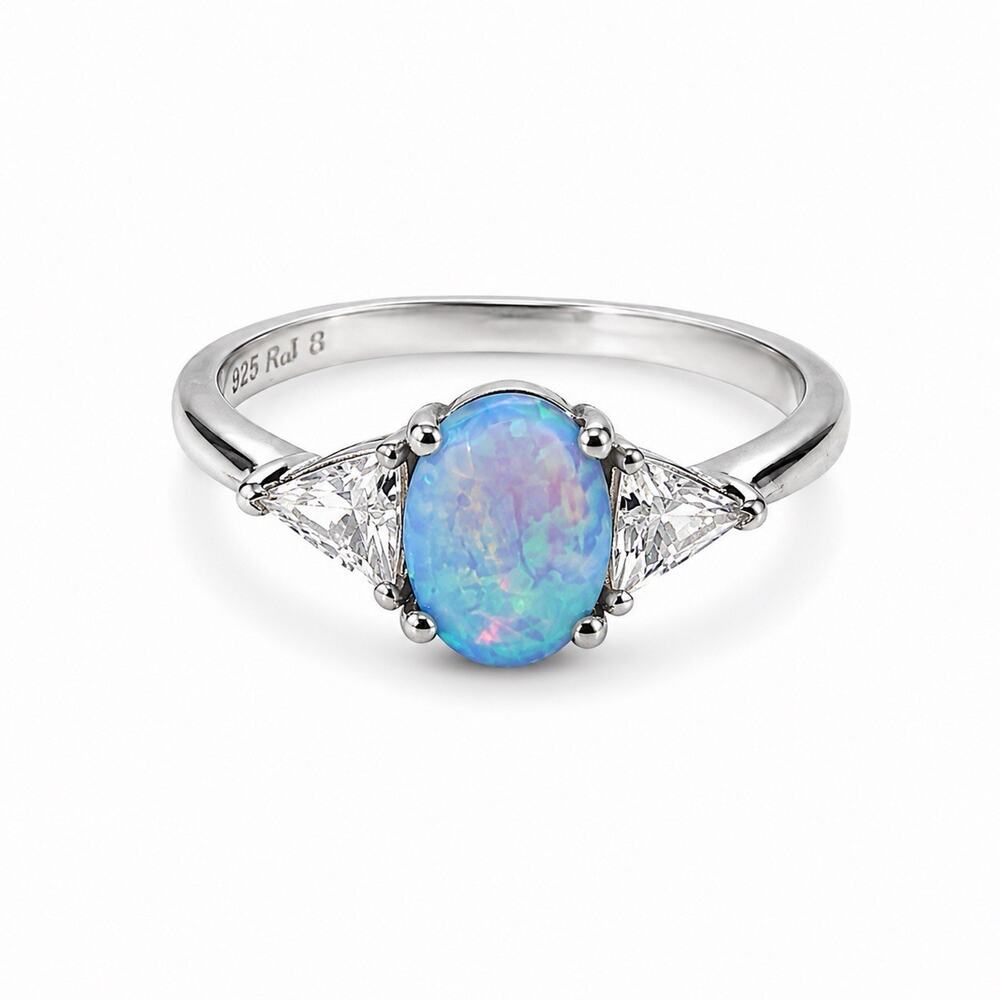925 Sterling Silver Oval Blue Opal & White Beryl Tree-Stone Ring Size 8